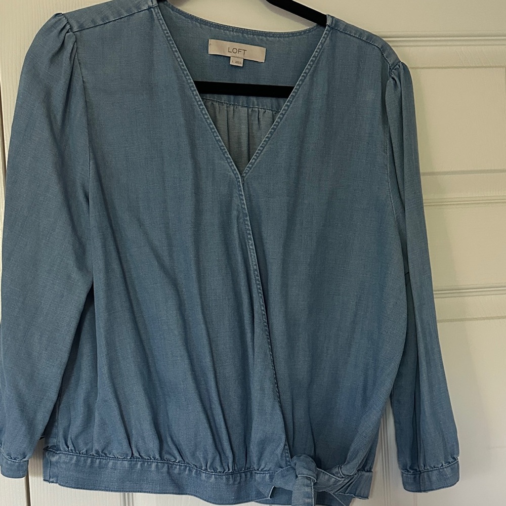 LOFT Chambray Blue V-Neck Blouse